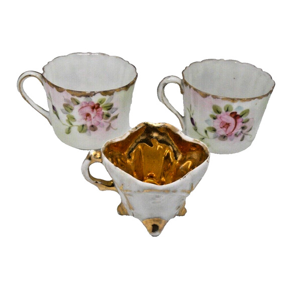 Antique? Hand Painted Gilded Porcelain Demitasse Cups Pink Roses Vtg Gold Lined - Picture 2 of 3